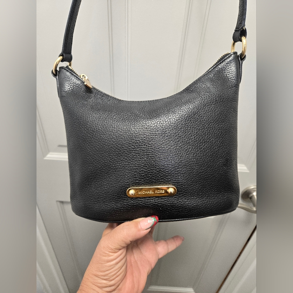 Michael Kors Black Pebbled Leather Shoulder Bag with Gold Accents